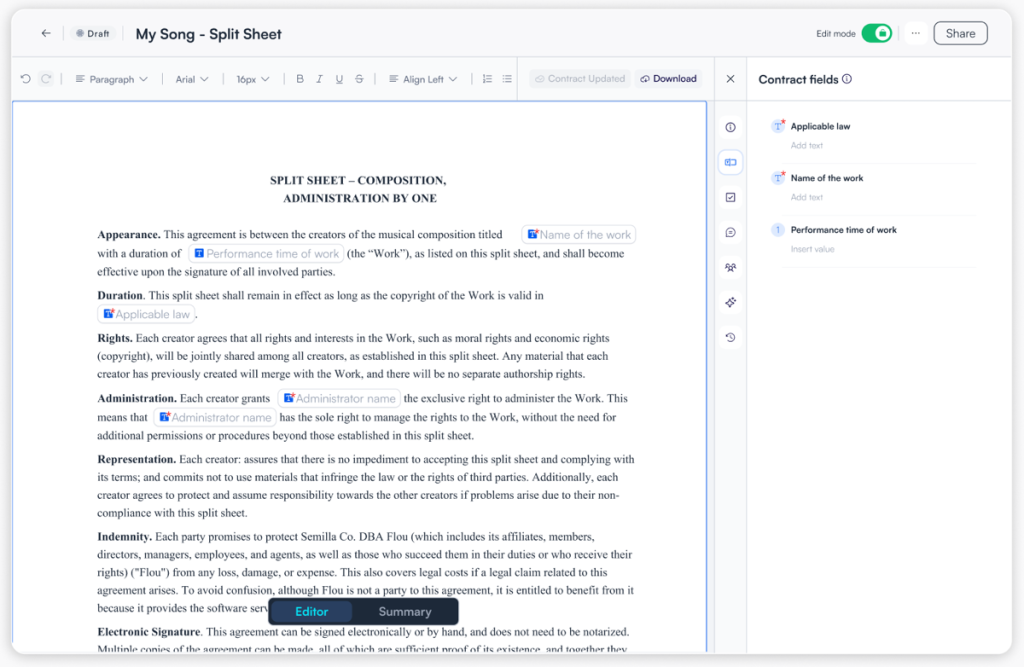 Music composition split sheet contract