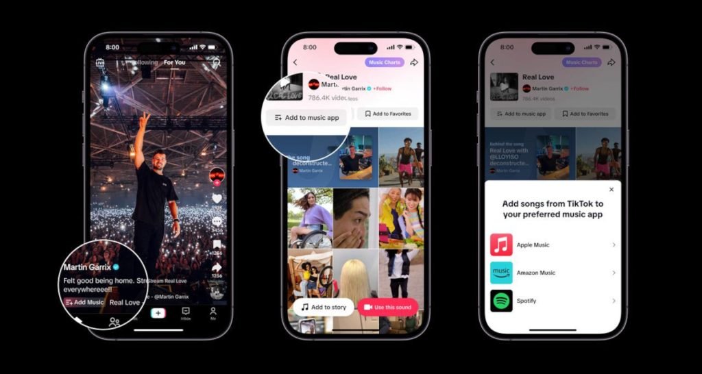 Three phones displaying TikTok music