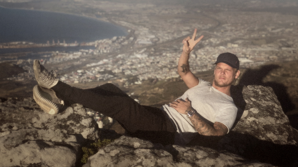 Avicii lounging on rocky ledge