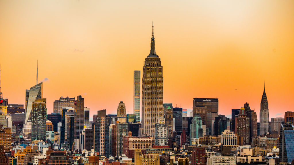 NYC skyline, orange sunset view