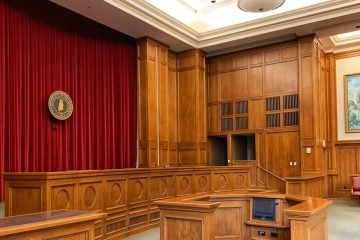 Empty courtroom with judge's bench