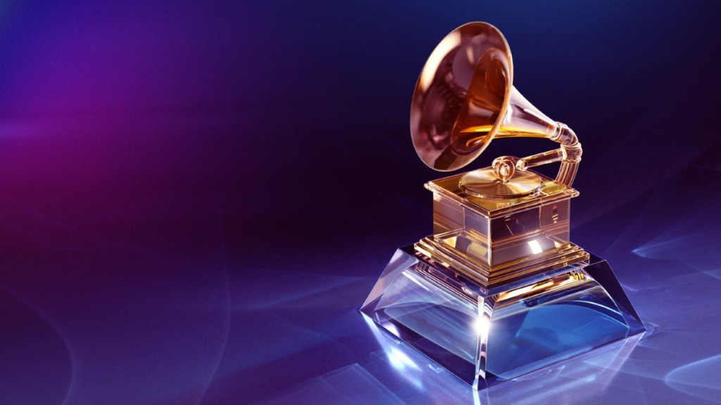 Grammy Award trophy on purple backdrop