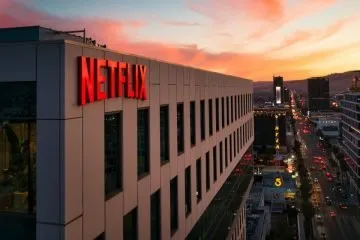 Netflix building sign at night