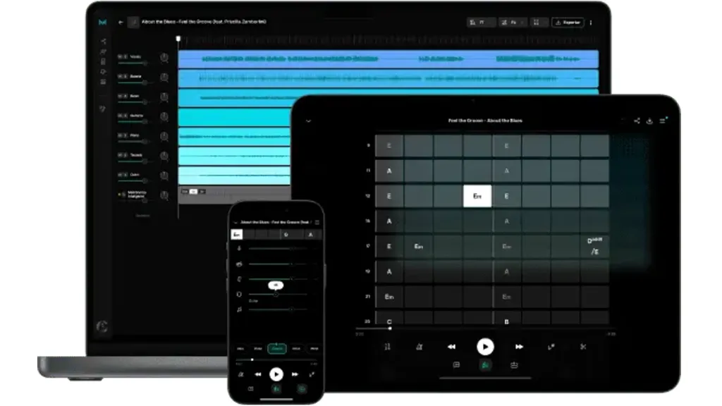 Three screens displaying AI-generated music