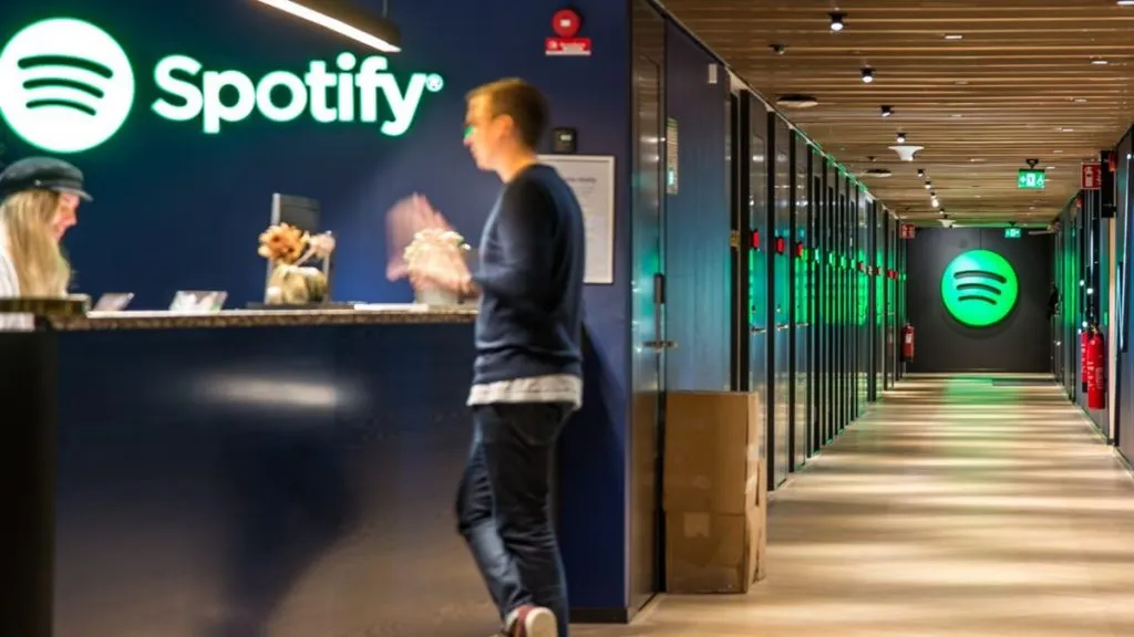 Spotify reception desk with modern hallway