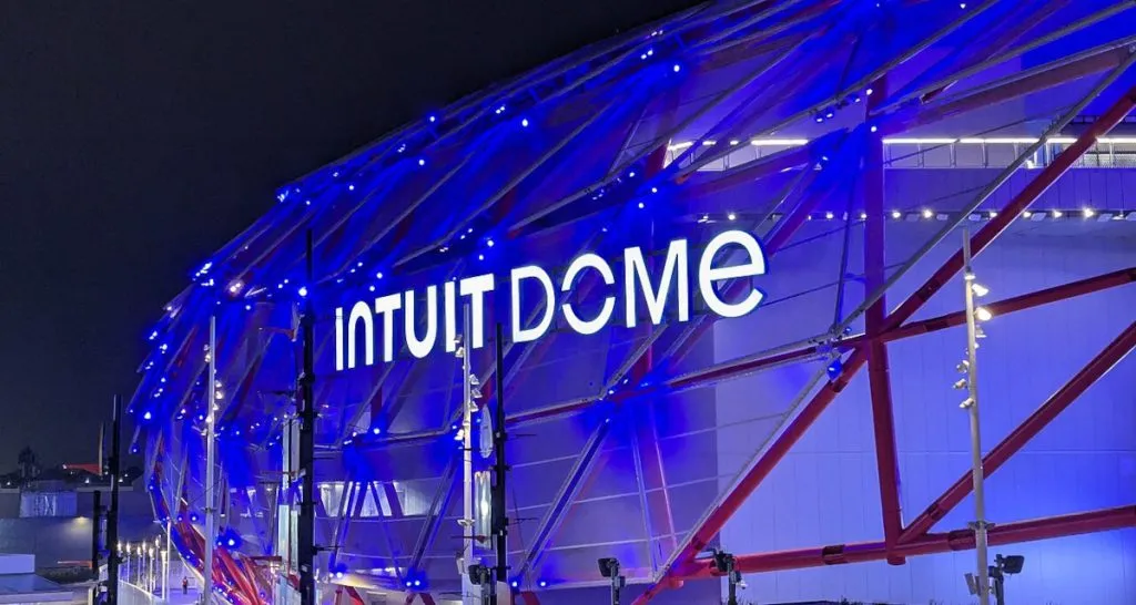 Illuminated Intuit Dome at night