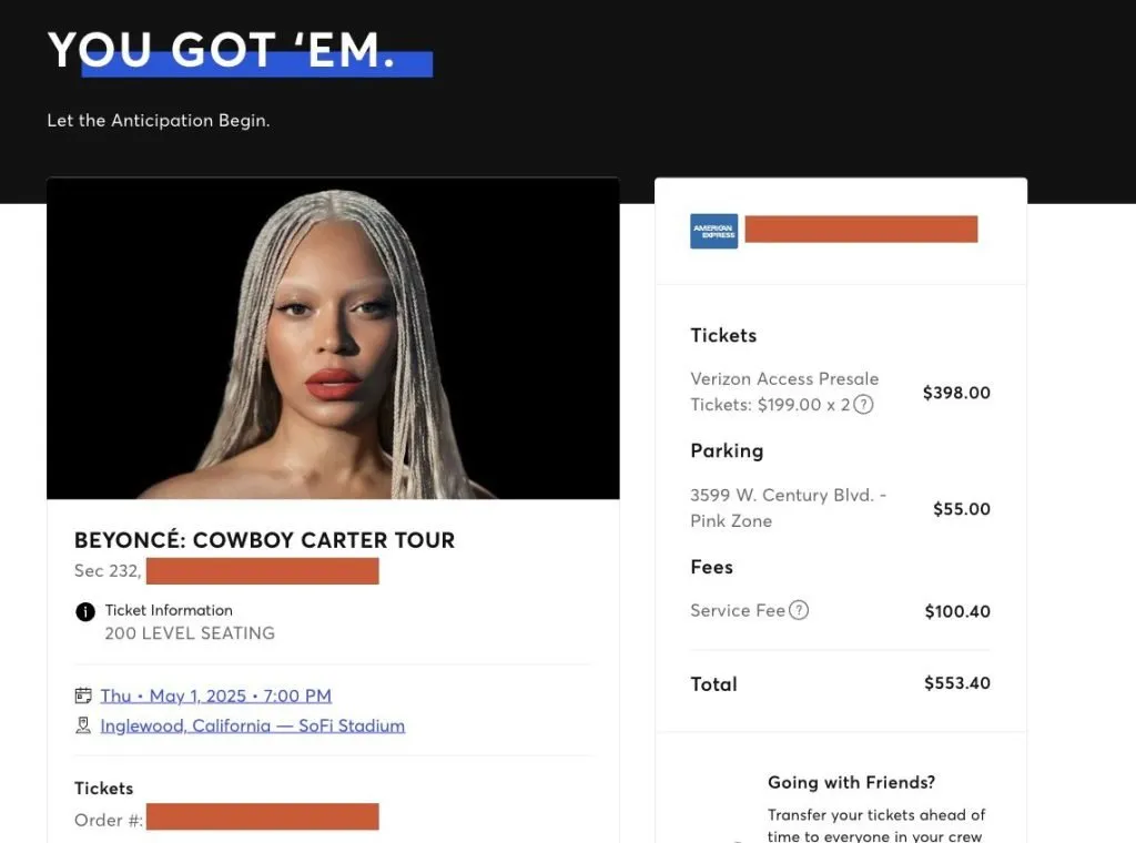 Beyoncé Verizon concert ticket prices display